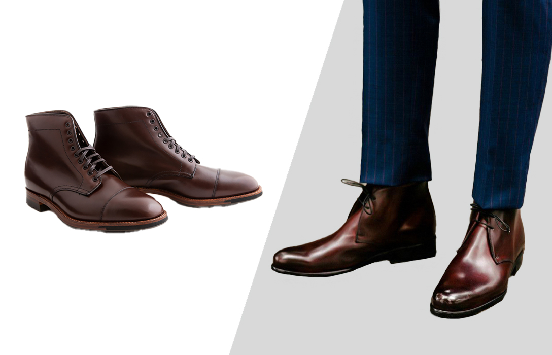 wear burgundy derby dress boots with navy suit pants