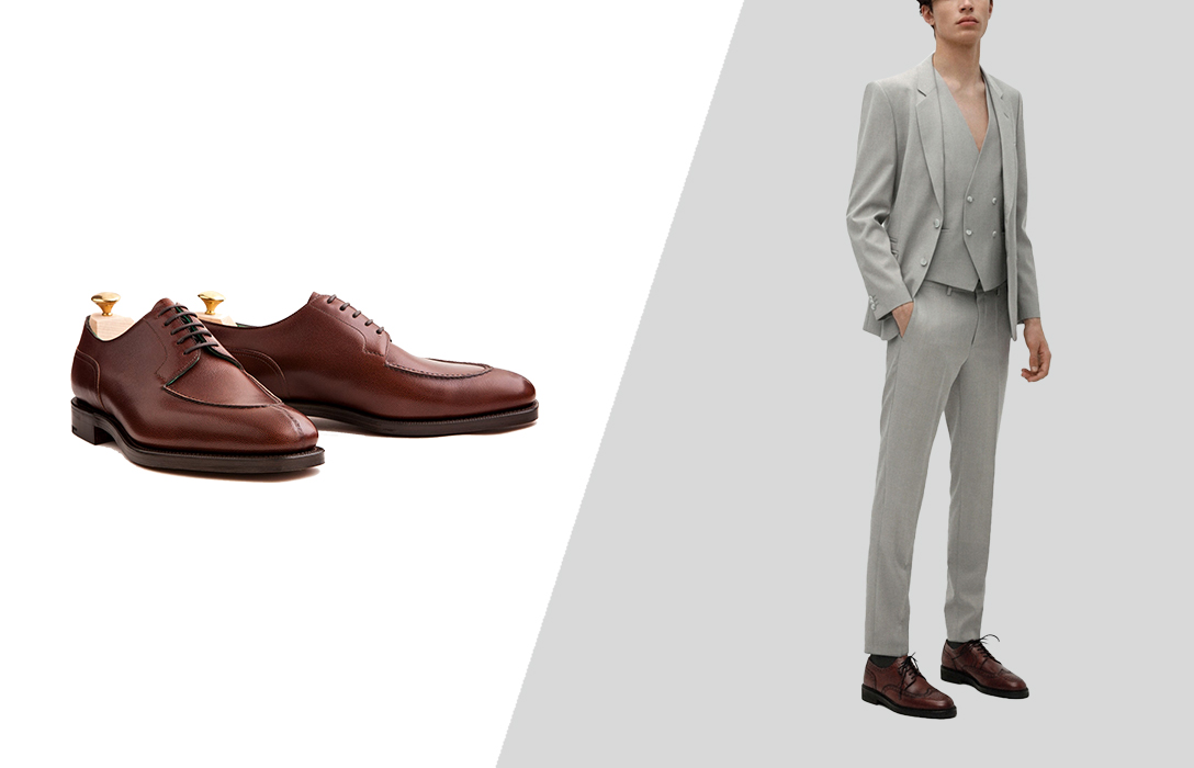 groom wearing burgundy derby shoes with light grey suit