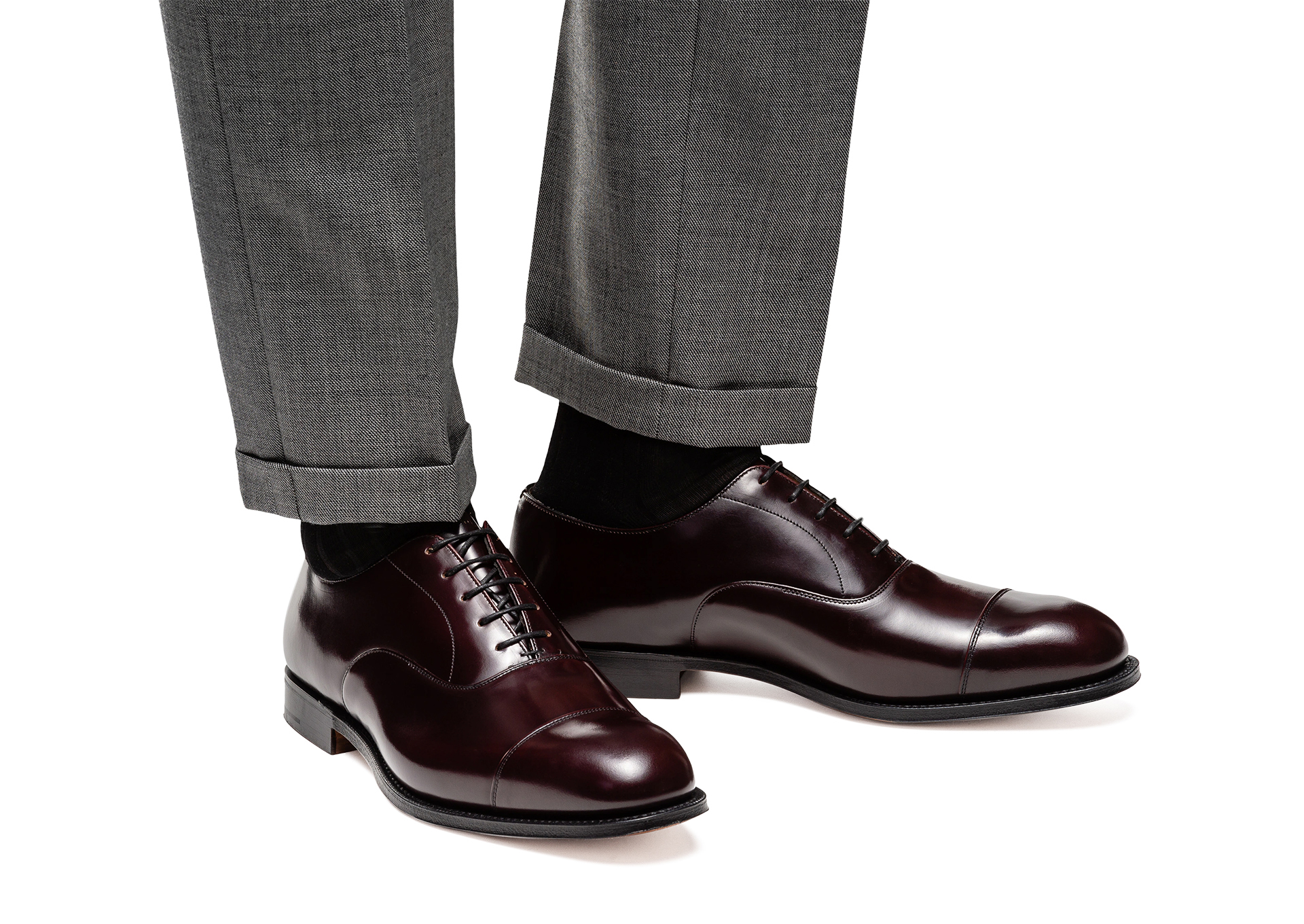 burgundy plain-toe oxfords with grey slacks