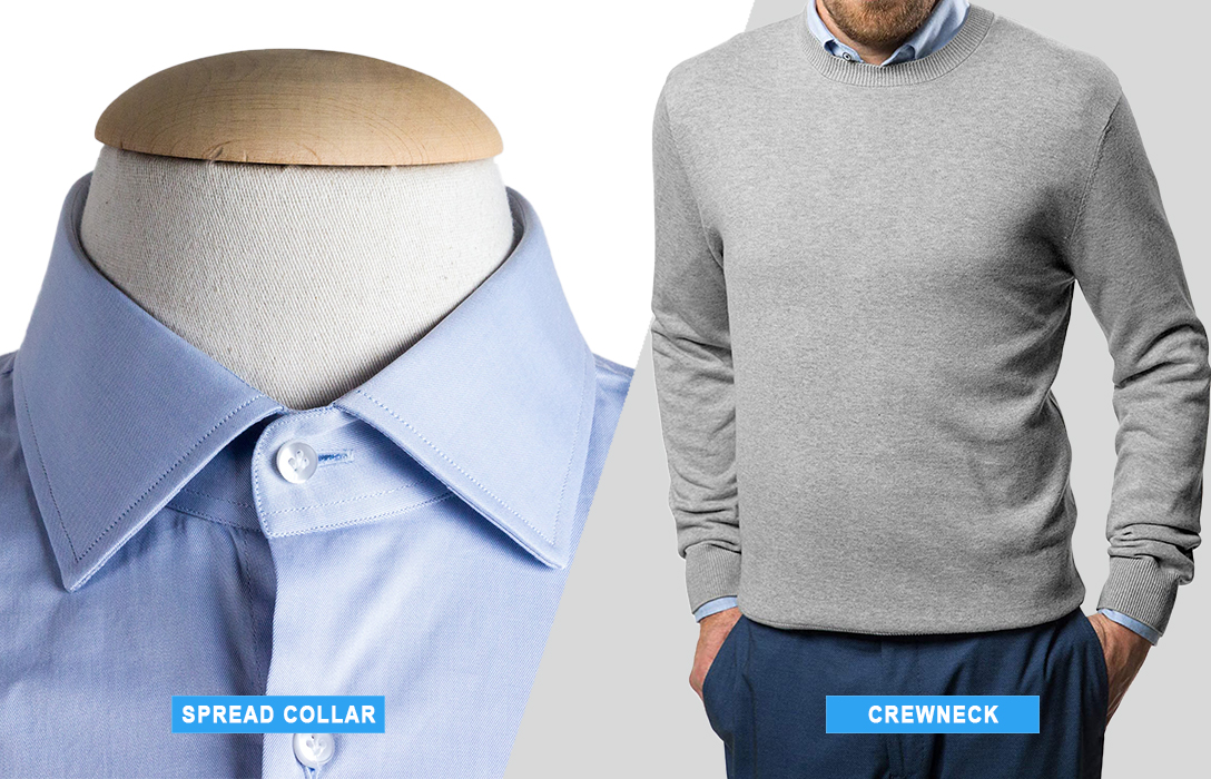 wear crew neck sweater and spread collar shirt