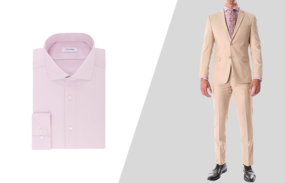how to wear a khaki suit with a pink dress shirt