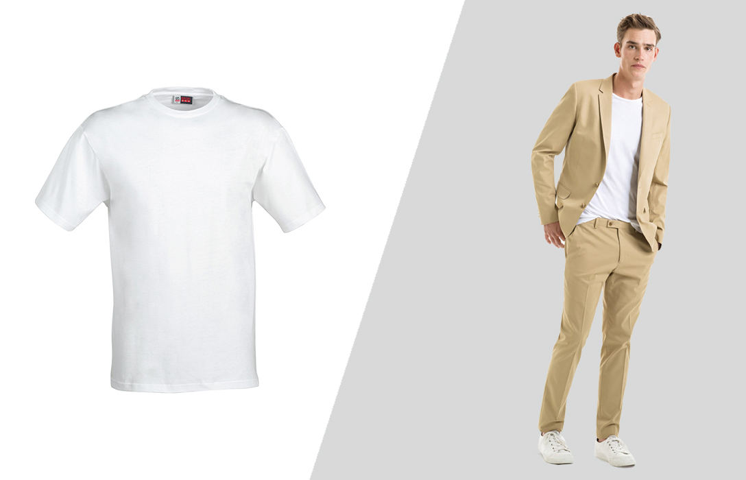 how to wear a khaki suit and white t-shirt