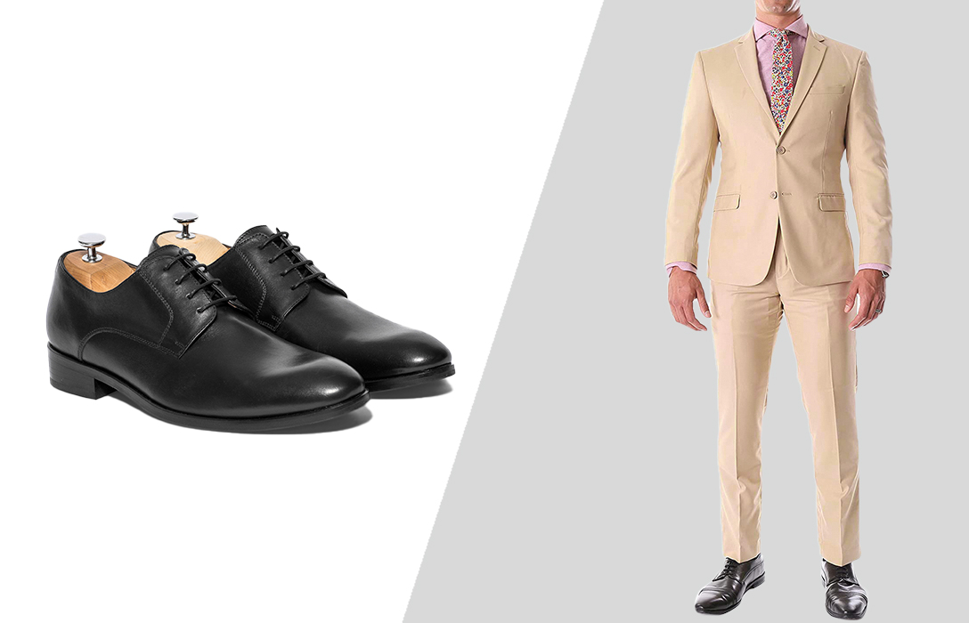 wear khaki suit with black derby shoes