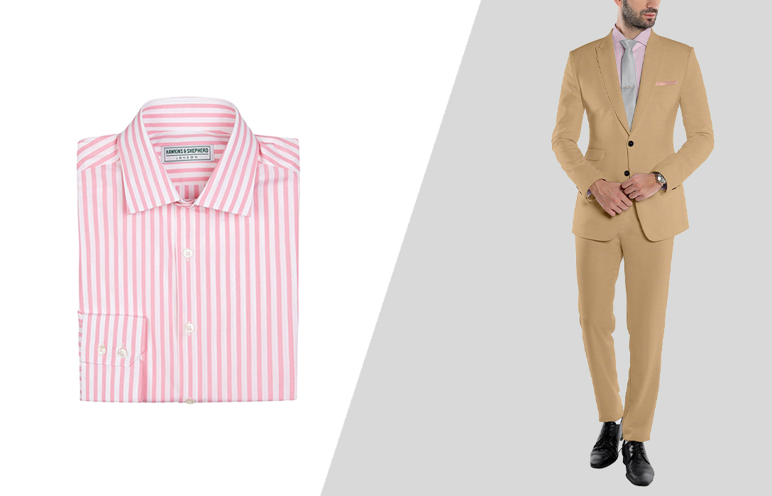 summer wear: khaki wool suit and pink striped dress shirt