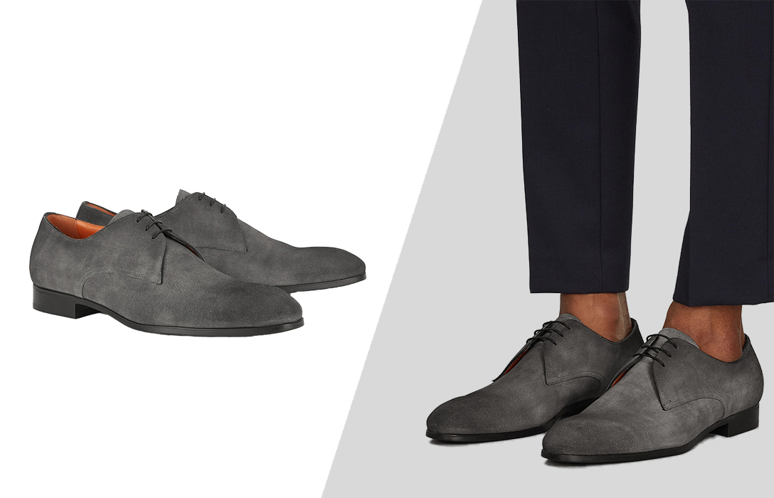 wear light grey derby shoes with navy suit pants