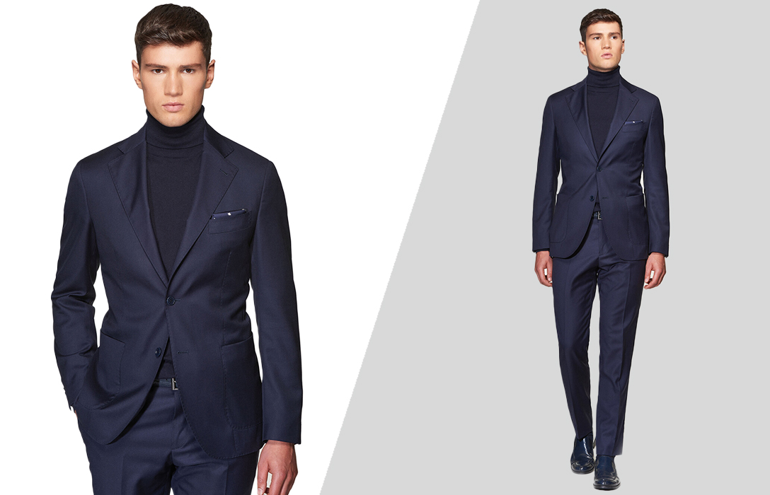 conservative navy suit with a navy turtleneck