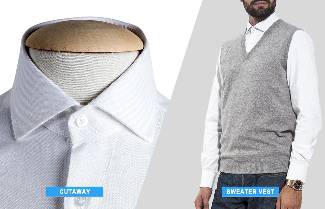 wear sweater vest and cutaway collar shirt