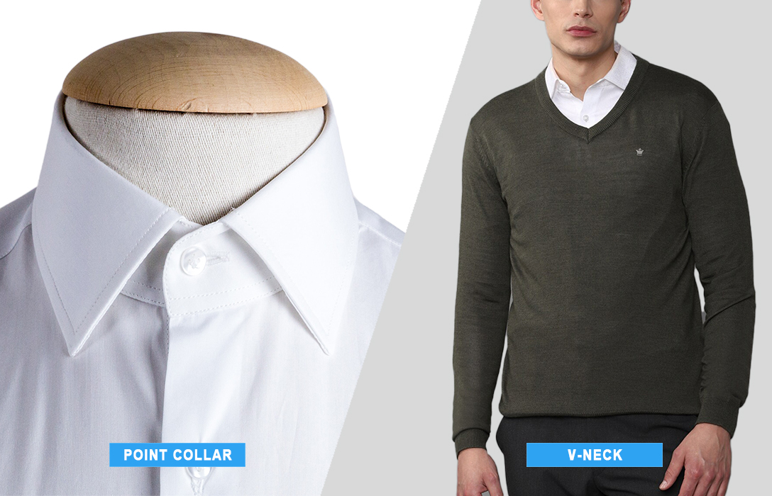 wear v-neck sweater and point collar shirt