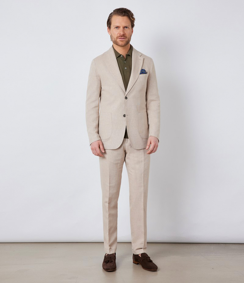 wearing beige summer suit with brown suede loafers 