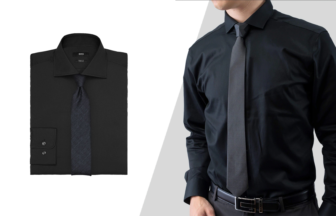 wearing black dress shirt with black tie