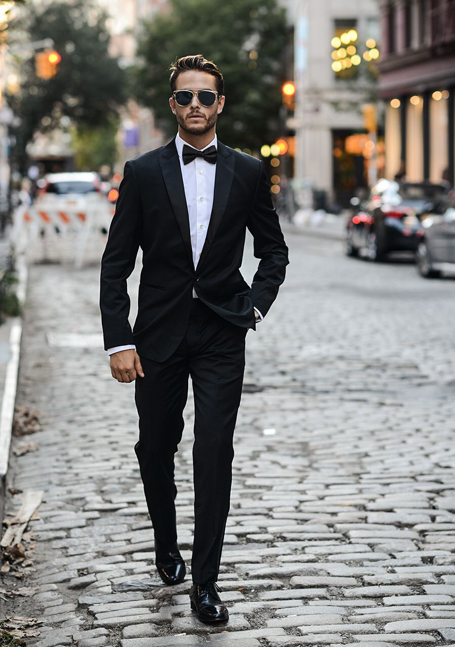 wedding outfit: black patent leather shoes with black tuxedo