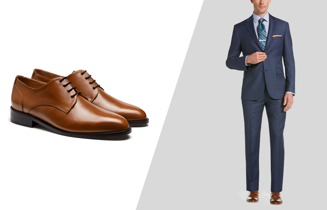 wearing brown derby shoes with navy sharkskin suit