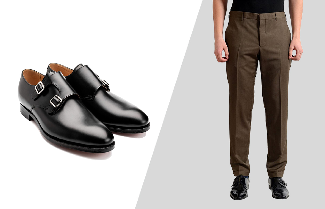 wearing brown pants and black monk strap shoes casually
