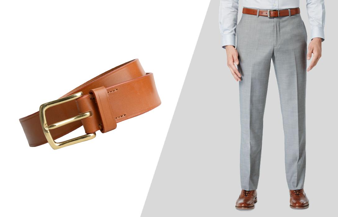 wearing brown belt with brown shoes and grey pants