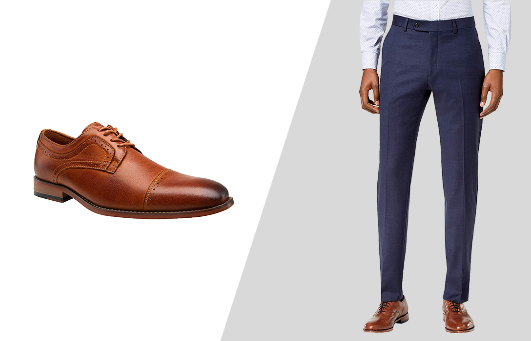 wearing brown wedding shoes with navy blue trousers as a groom