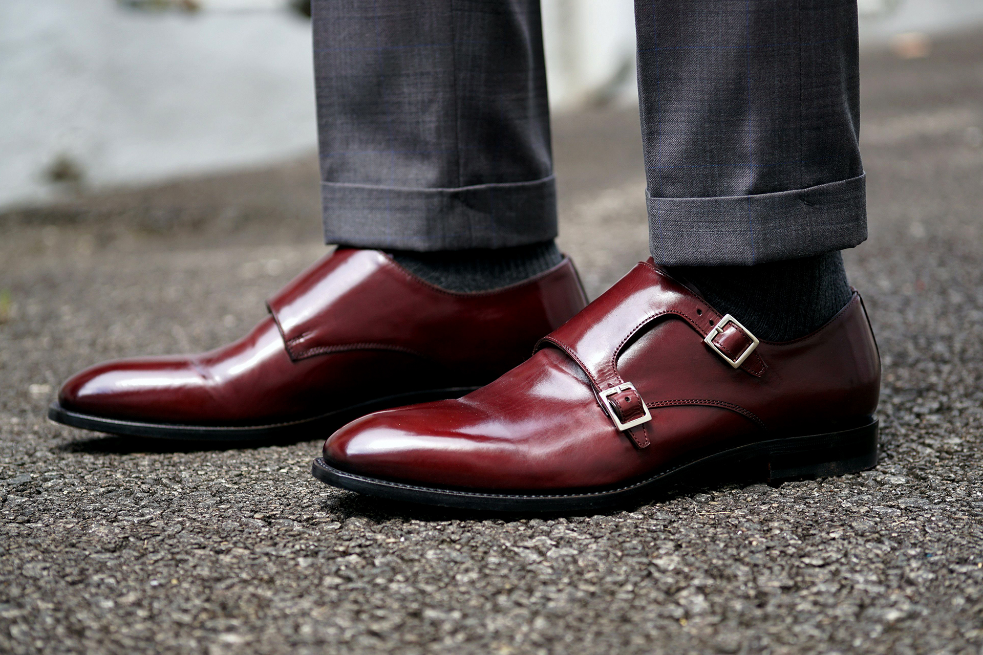 wearing oxblood burgundy dress shoes with charcoal grey pants