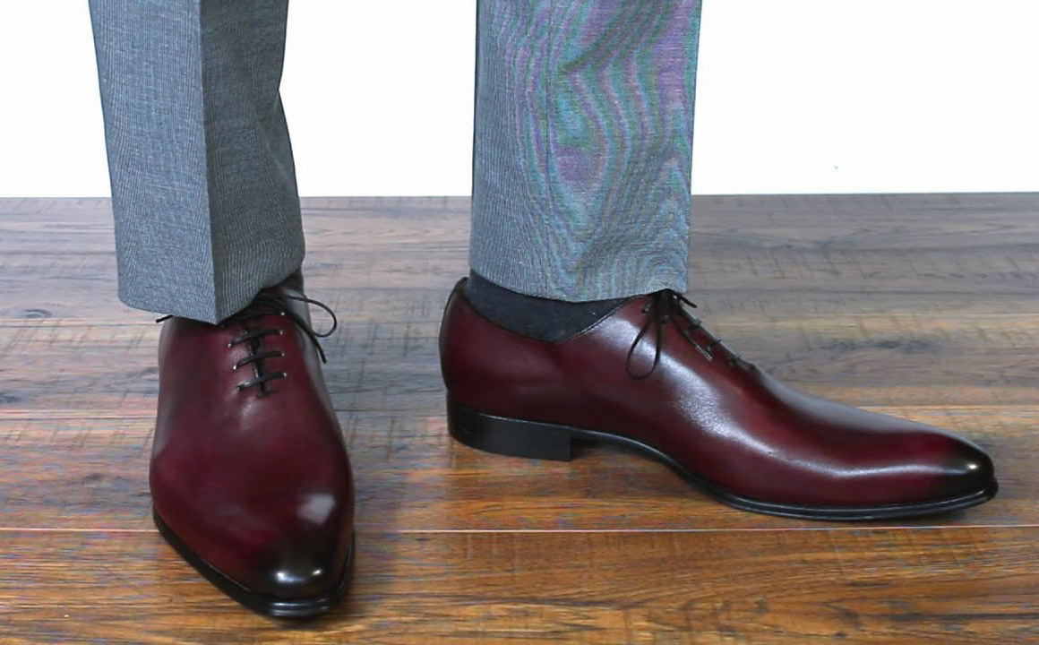 wearing oxblood burgundy Oxford shoes with light grey pants