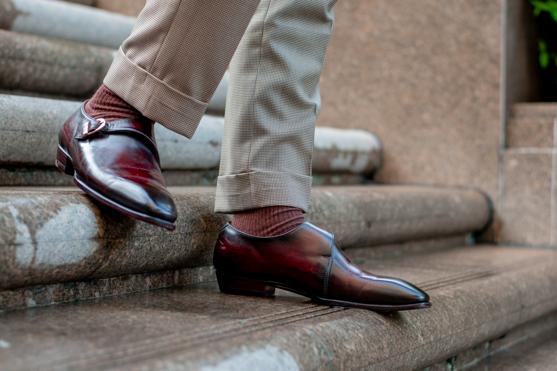 wearing oxblood burgundy dress shoes with tan pants