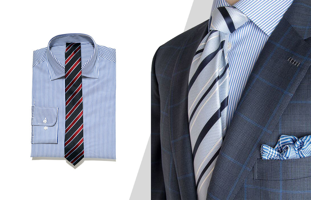 wearing blue striped shirt and striped tie for work