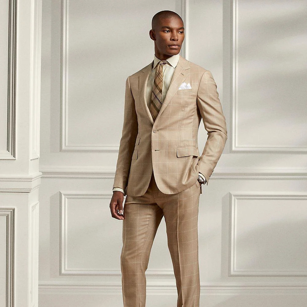 wearing tan (oatmeal) cotton and cashmere blend suit in summer