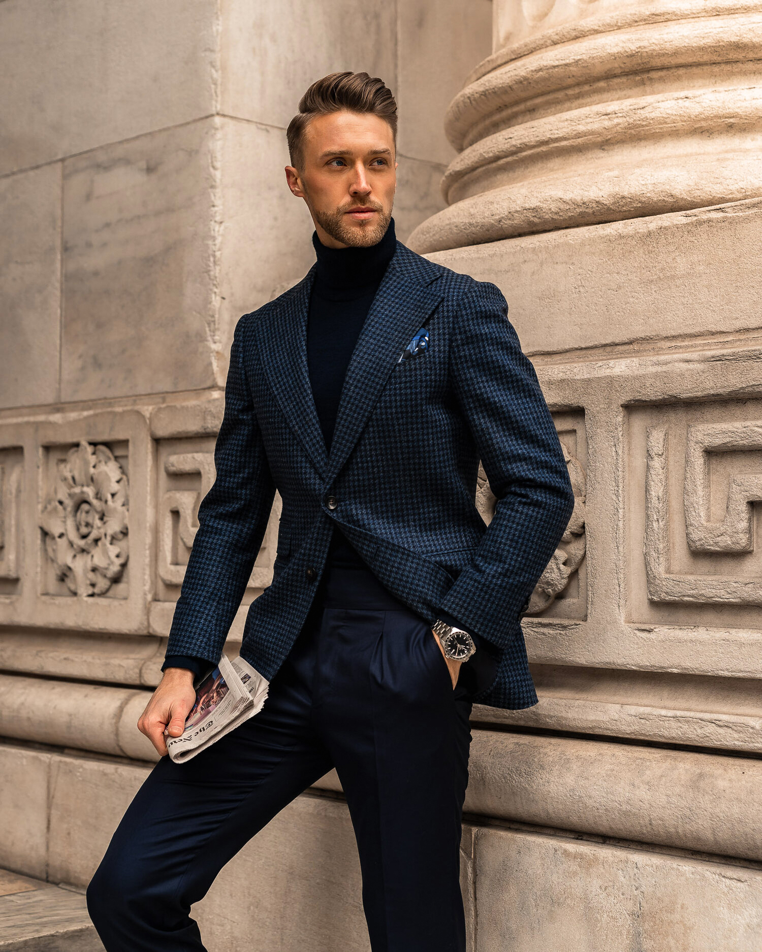 wearing turtleneck with a checkered navy wool suit