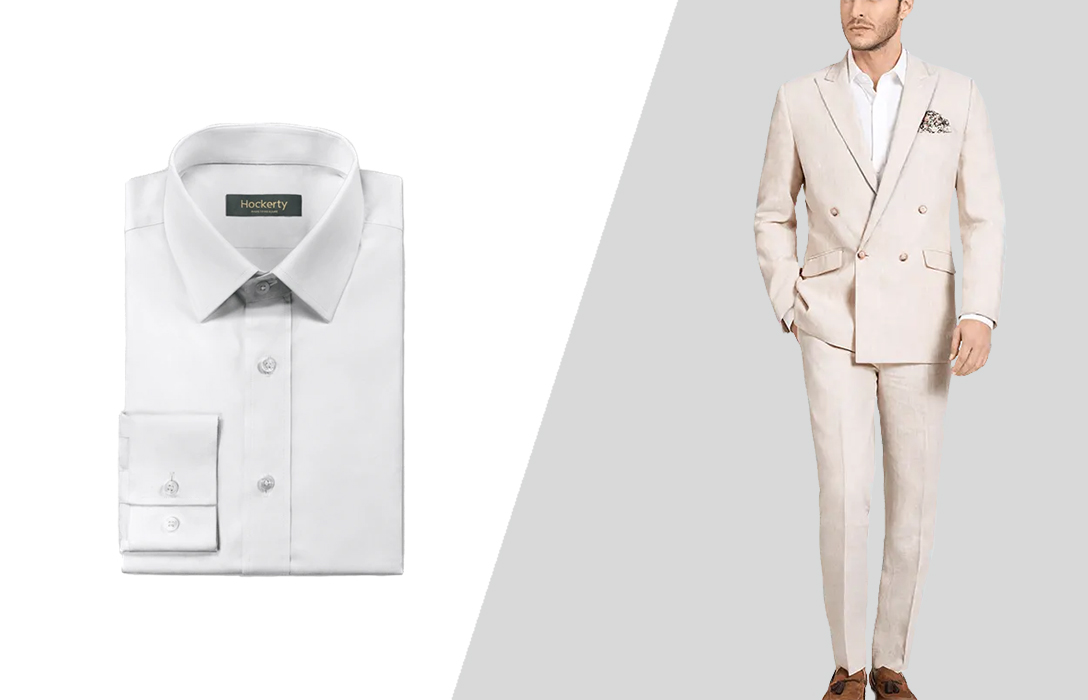 wearing a white dress shirt with a linen suit