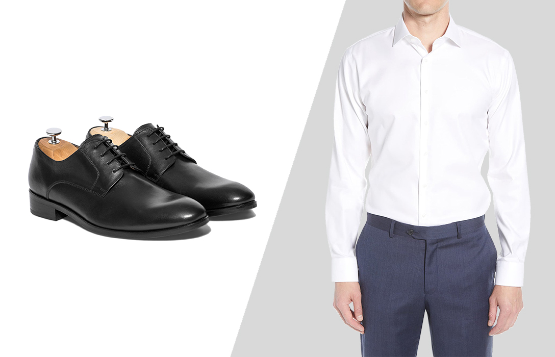 wearing white dress shirt with navy pants and black shoes