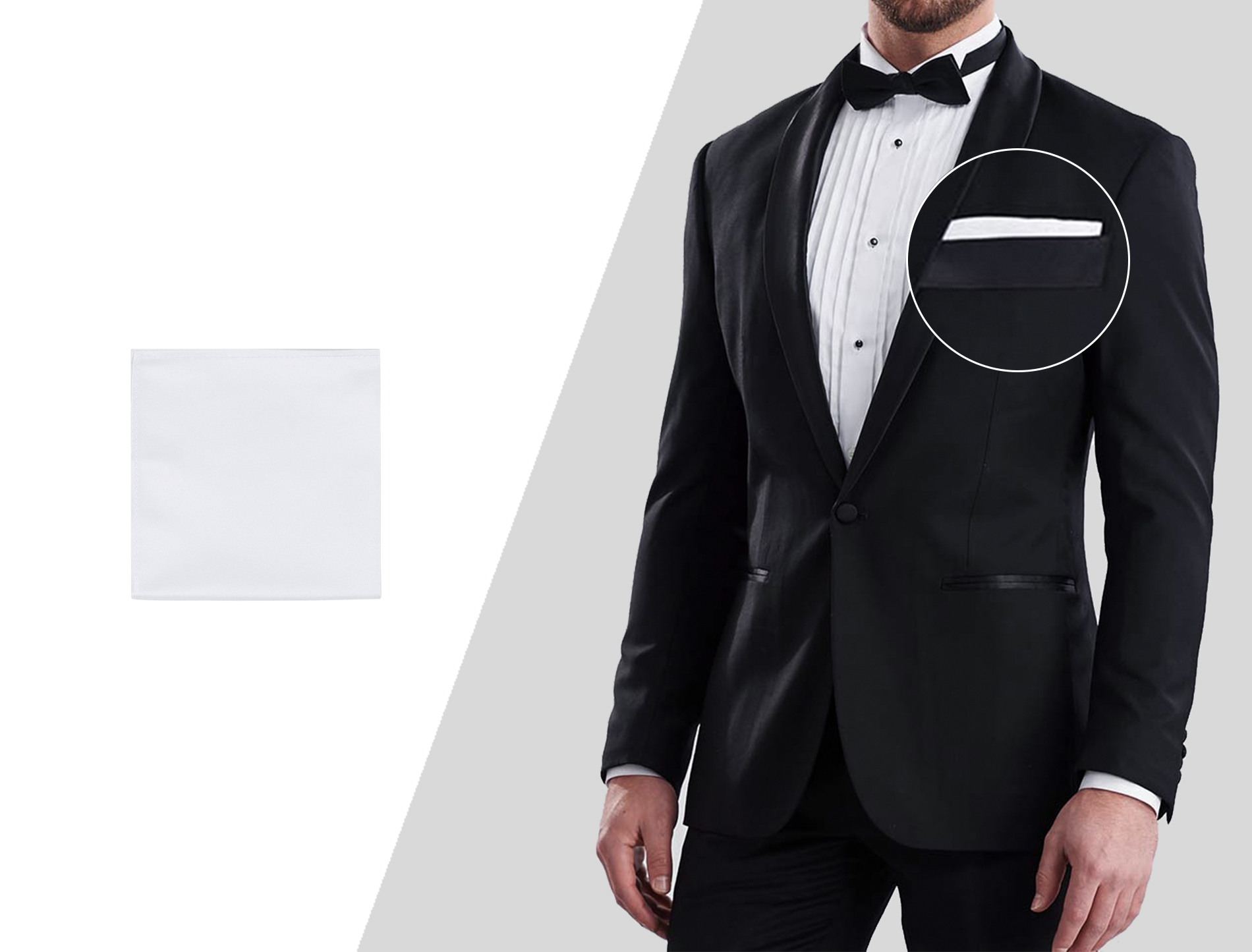 wearing a white pocket square with a black tuxedo