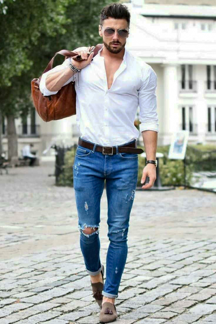 white dress shirt and jeans