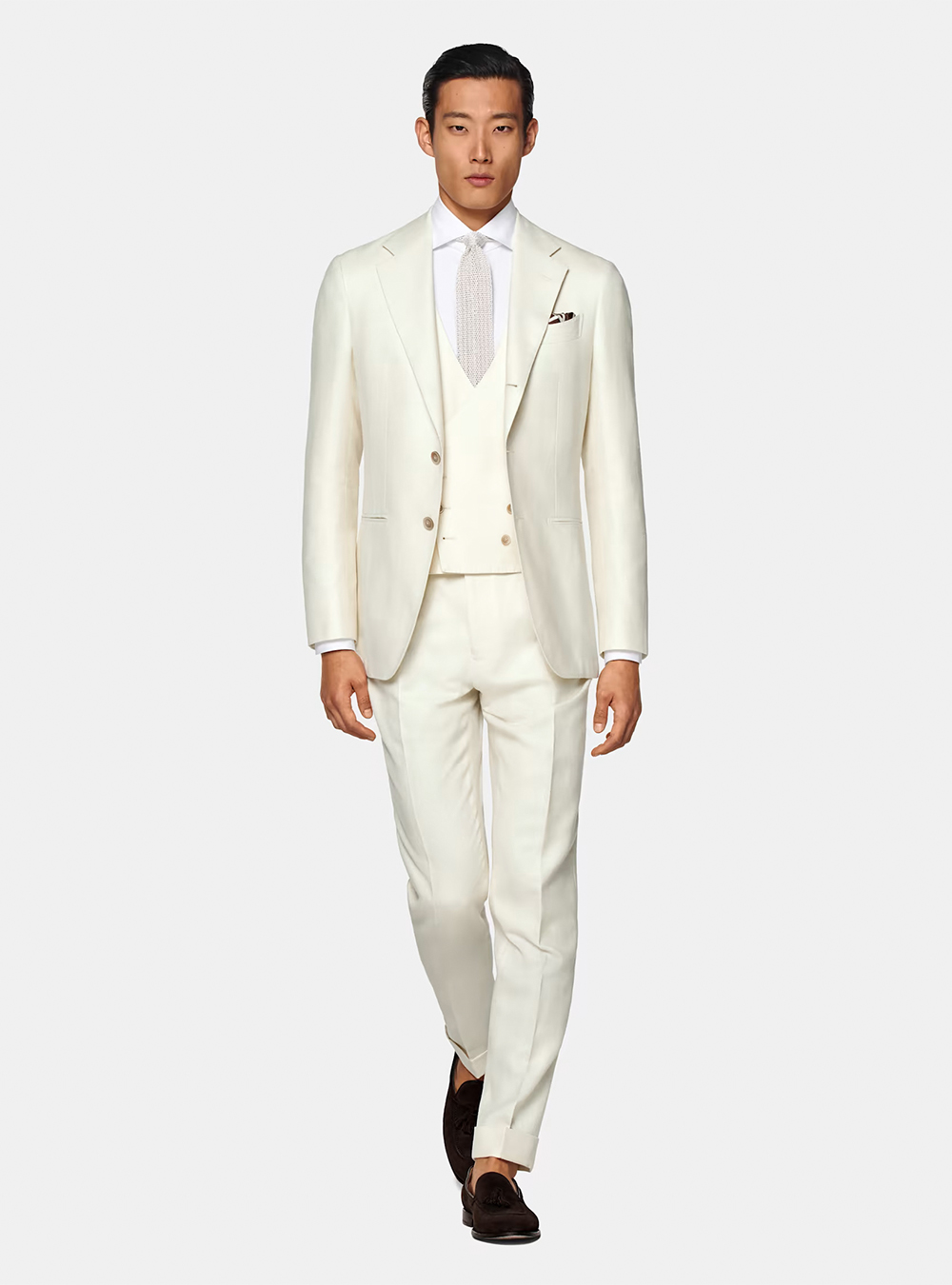 white suit, white vest, white dress shirt, and brown loafers