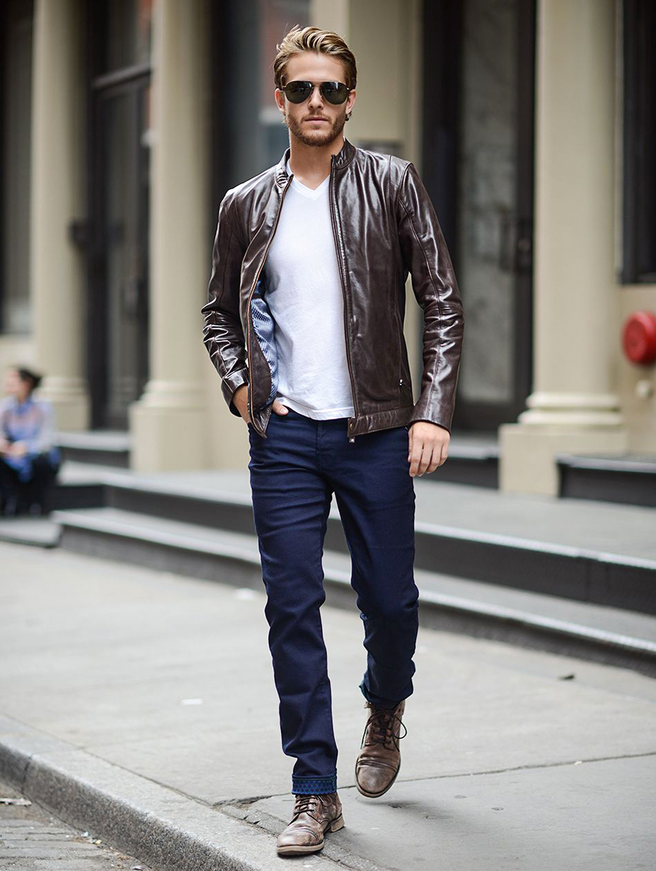 white t-shirt, blue jeans, and brown leather jacket color combination